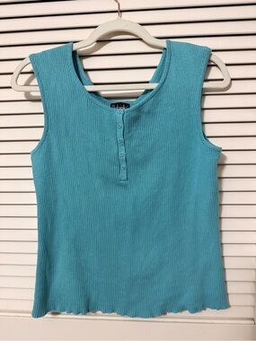 Rafaella Ribbed cotton Henley Tank Top - Aqua - Size Large